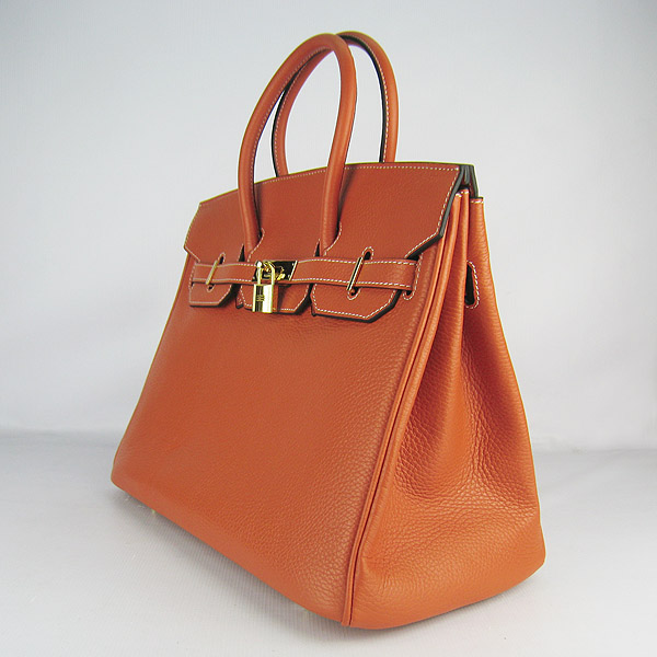 High Quality Fake Hermes 35CM Embossed Veins Leather Bag Orange 6089